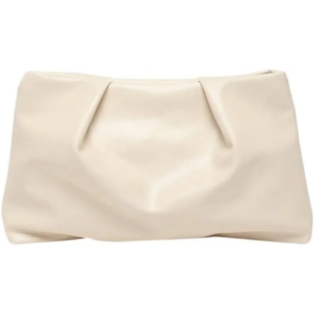 Women's Beige PU Leather Small Zipper Ruched Minimalist Smooth Casual Handbag